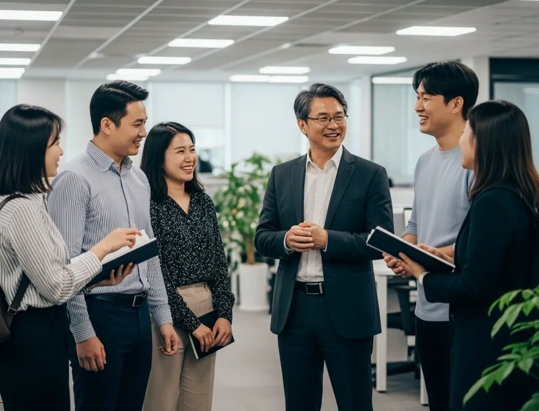 A diverse team of professionals gather and discuss cheerfully in a bright office.