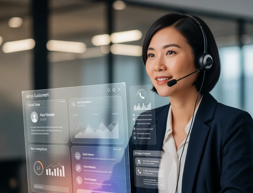 The customer service representative is on the phone, smiling.