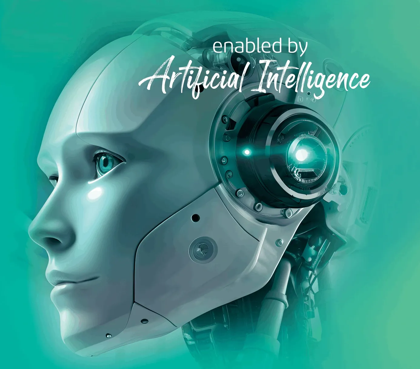 Futuristic robot head with glowing eye and text reading 'Enabled by Artificial Intelligence' used in TP branding.