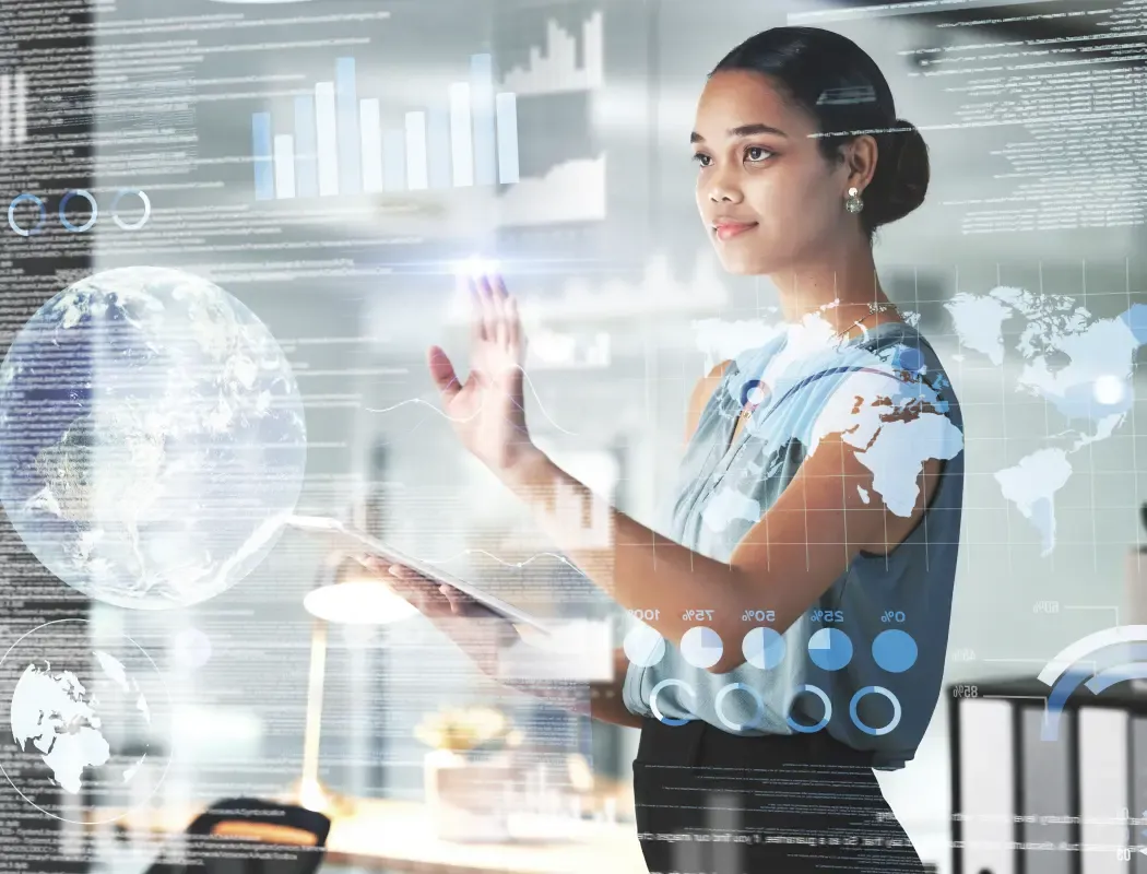 Asian woman interacting with a 3D holographic dashboard. 