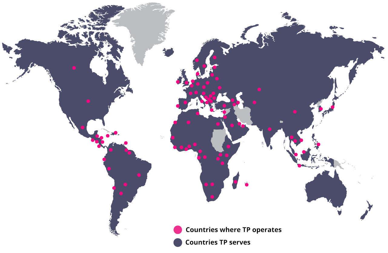 World map showing TP ops in pink and service areas in dark purple, with dots marking locations