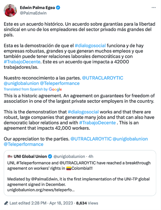 Edwin Palma post re-affirming shared commitments to workers’ rights in Colombia.