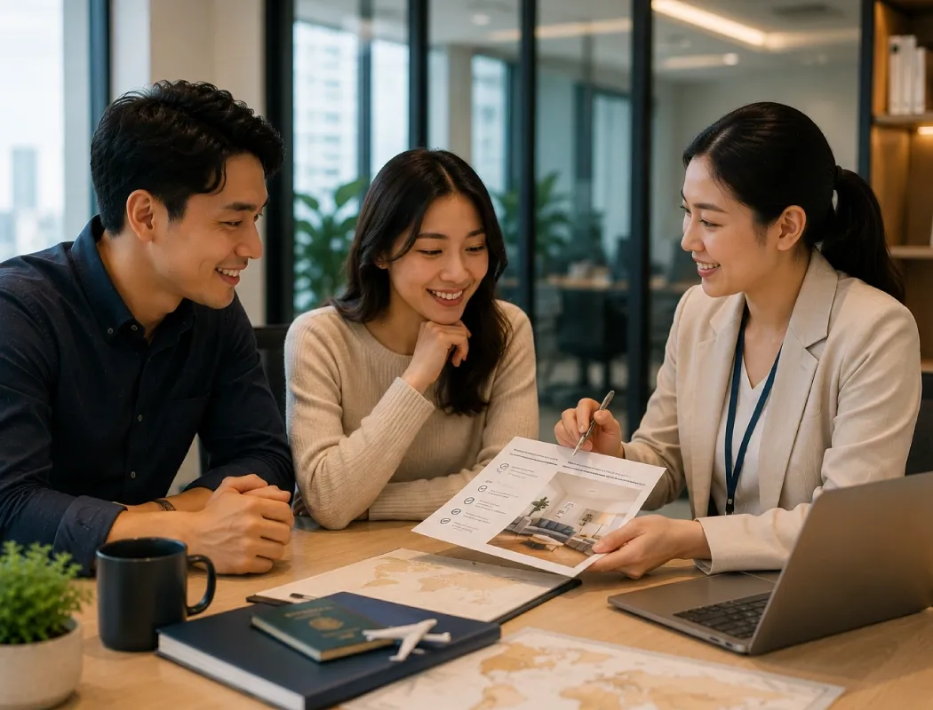 A professional woman consults a couple on travel plans in an office.
