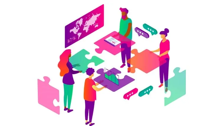 Colorful illustration of four people assembling oversized puzzle pieces, symbolizing teamwork and collaboration, with a laptop and world map in the background.