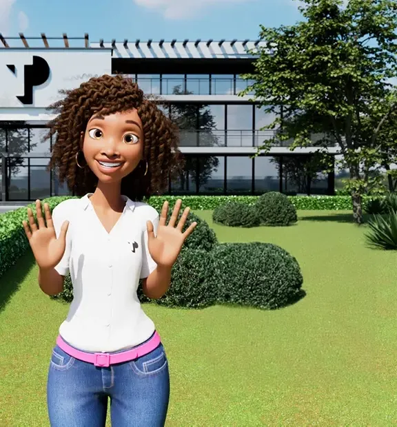 Isabela, TP digital influencer, showing her new look in front of a digital TP building.