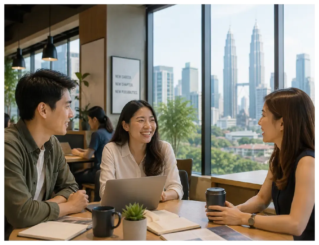 Three colleagues collaborate happily in a bright Kuala Lumpur café.