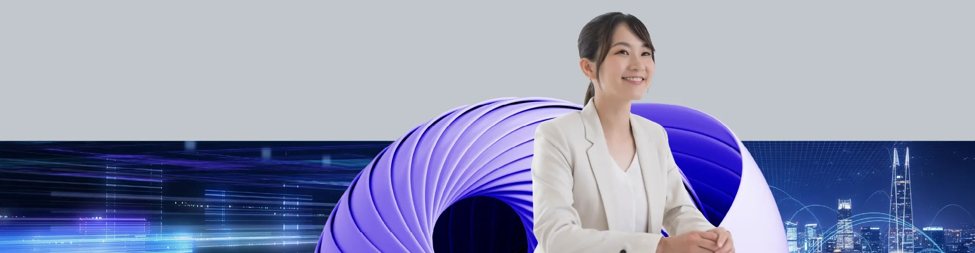 A confident professional woman smiles against a futuristic cityscape backdrop