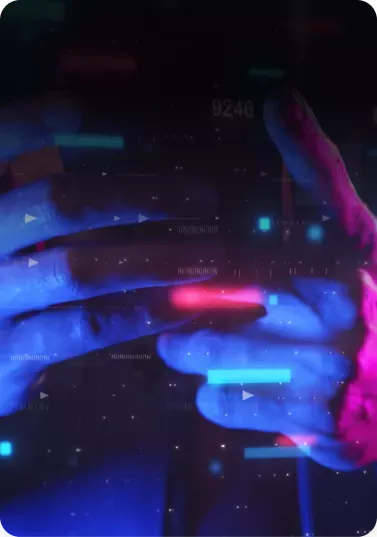 A pair of hands in blue and magenta lighting interact with floating digital data and code.