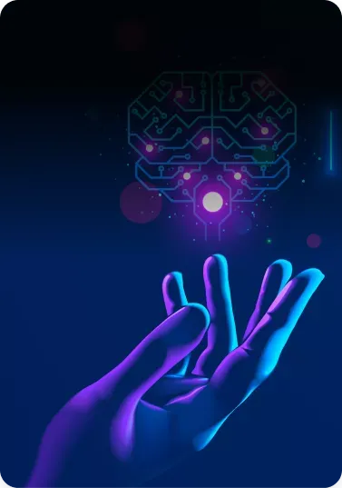 a glowing hand reaches towards a luminescent digital brain, with circuits and orbs, set against a dark, futuristic background.