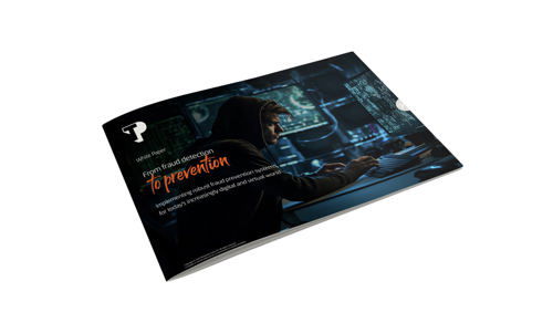 A white paper mockup about fraud prevention depicting a young hacker hacking into a computer