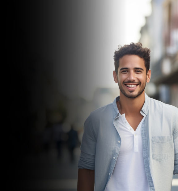 Hombre joven sonriente en un entorno urbano