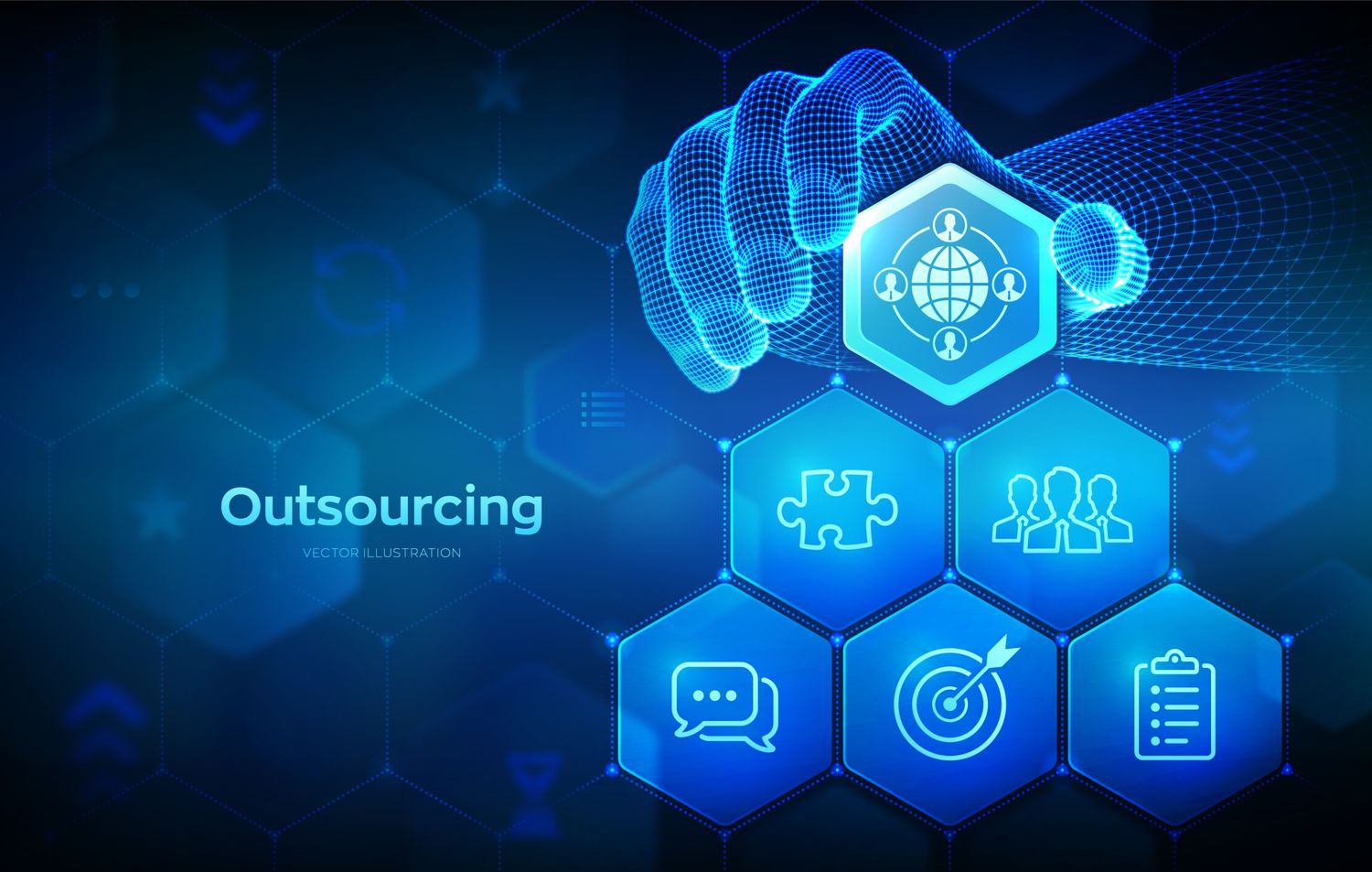 Illustration of a hand assembling puzzle pieces to build a successful TP outsourcing company.