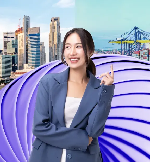 Asian businesswoman highlighted against Singapore cultural icons and high tech visuals.