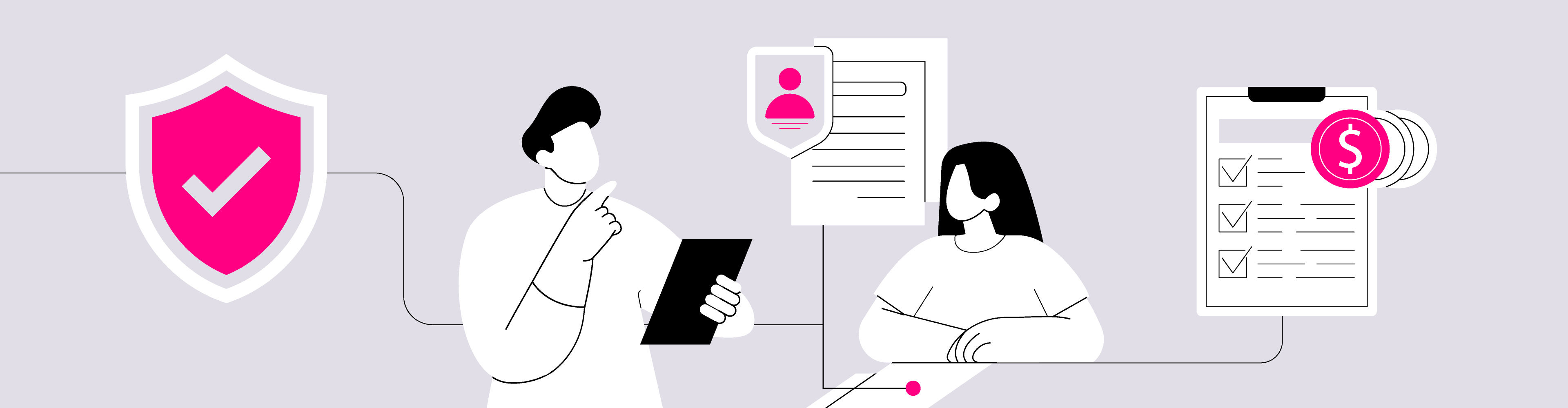 Animated characters holding a clipboard and offering support