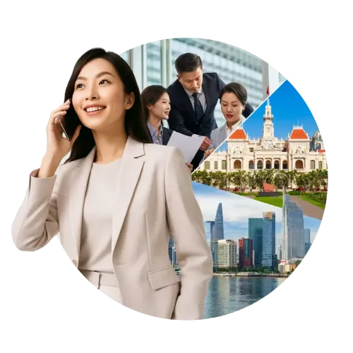 Businesswoman in professional attire with a city skyline and team collaboration in the background.