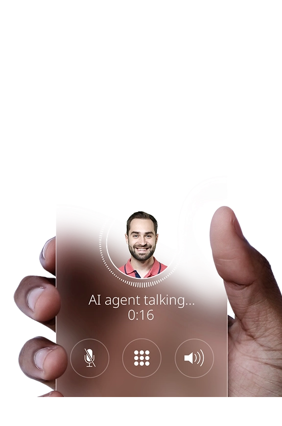 AI agent speaking on a handheld digital interface during a customer interaction.