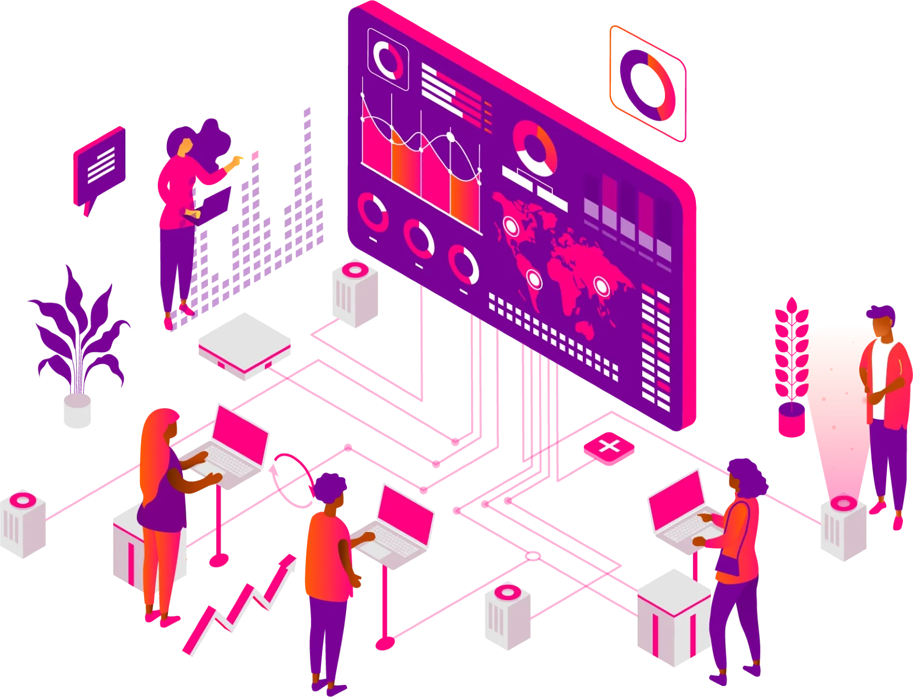 Illustration of people analyzing data dashboards and charts on a large digital screen connected to laptops and servers.
