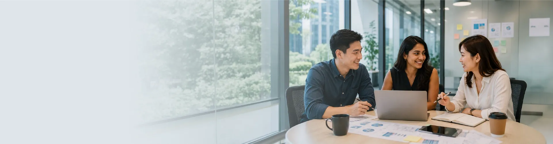 Three colleagues collaborate and discuss ideas in a bright modern office.