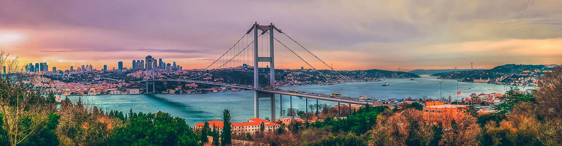 İstanbul Boğazı'nın şehir silüeti ve deniz trafiğini gösteren panoramik manzara.