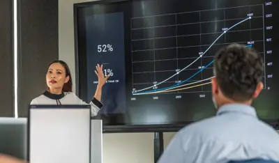 Business professional presenting company growth using a chart.