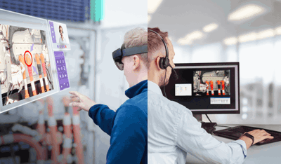 Two professionals collaborating with advanced technology, with remote guidance and on-site work.