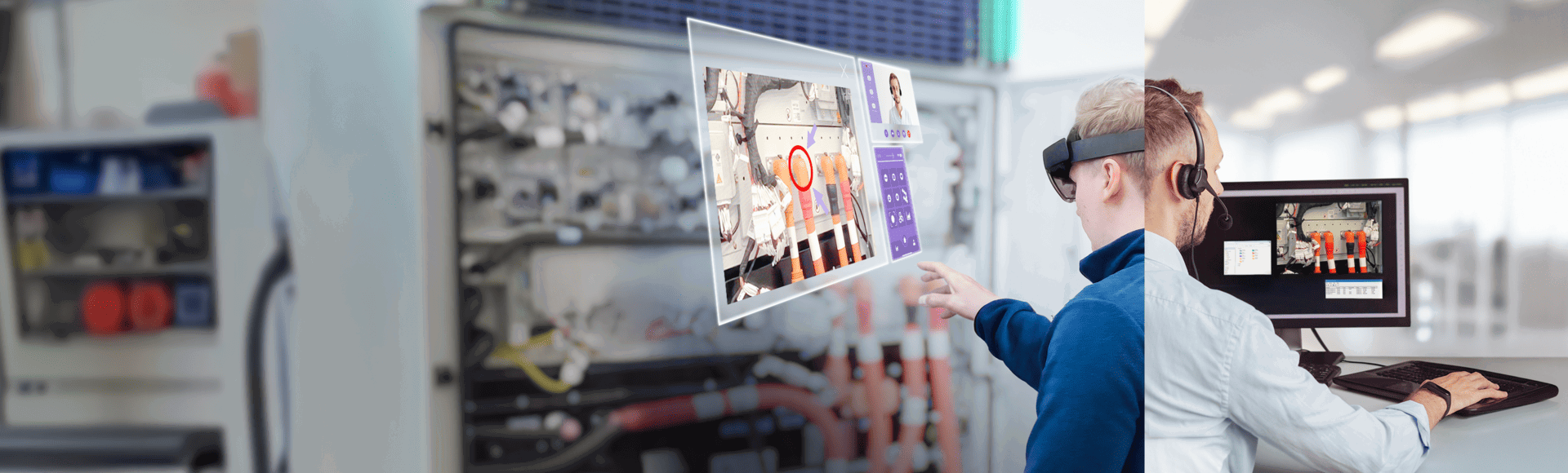 Two professionals collaborating with advanced technology, with remote guidance and on-site work.