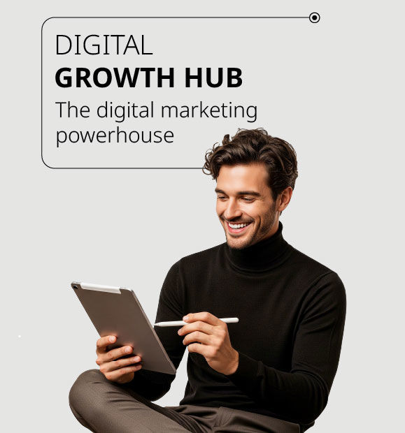 Banner de Digital Growth Hub que destaca marketing digital con persona usando una tableta.