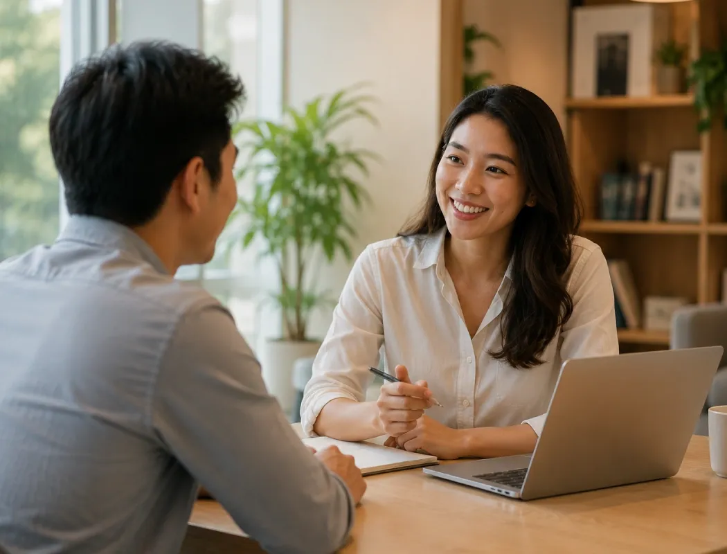 Two colleagues smile and discuss work at a desk in a bright office.