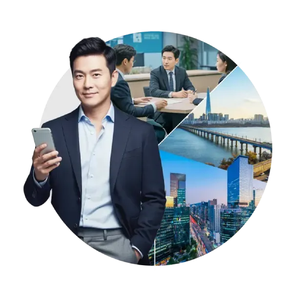 Man in a suit holds a smartphone, with background images showing people on a meeting and iconic Korean buildings.