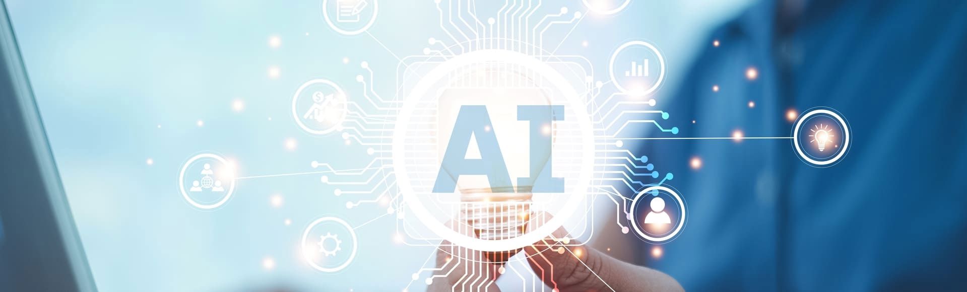 Person holding a light bulb with 3D elements and prominent AI text.