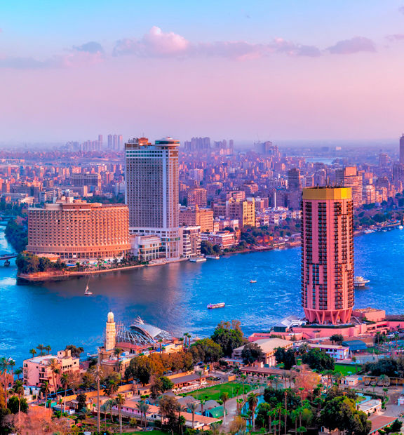 Cairo skyline along the Nile River, Egypt, viewed from above.