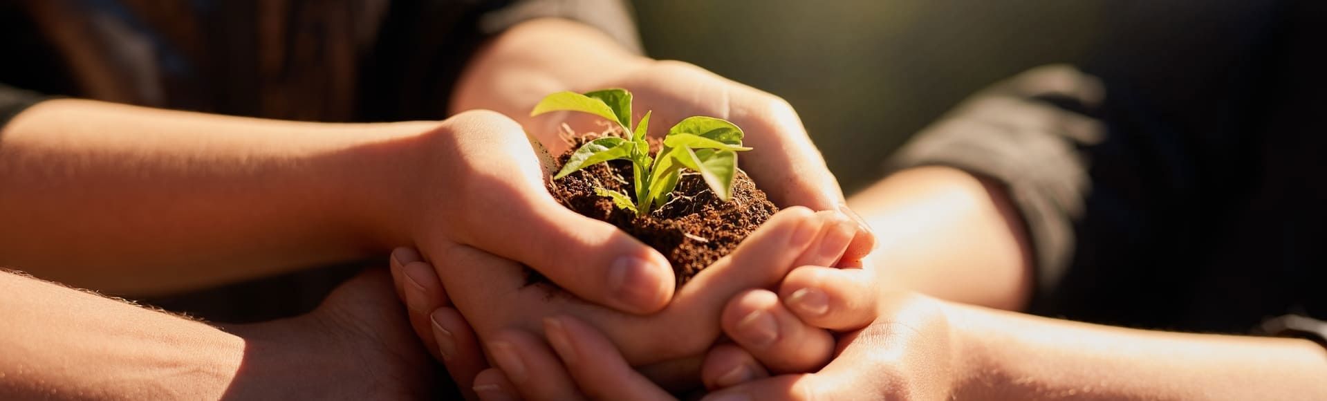 People holding a small plant together, symbolizing care and sustainability.