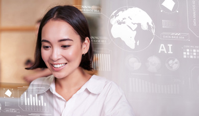Woman analyzes global AI data charts in bright office space