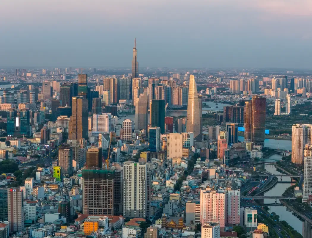 Aerial view of Ho Chi Minh City, Vietnam, featuring its modern skyline.