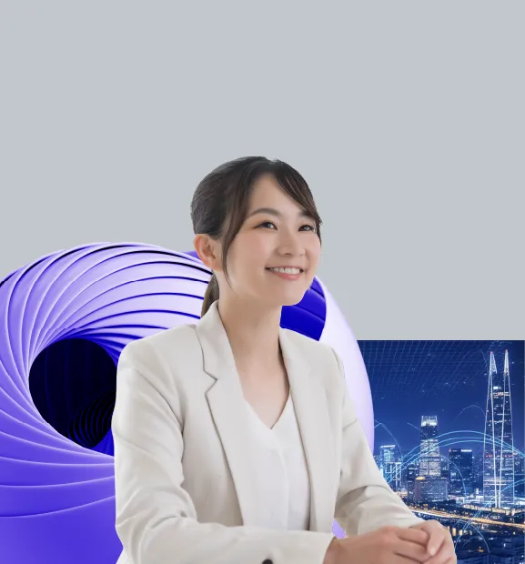 A confident professional woman smiles against a futuristic cityscape backdrop