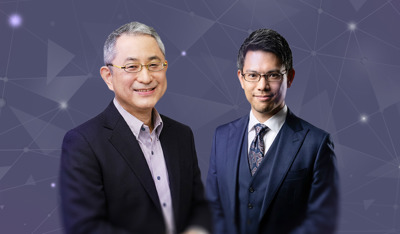 Two business gentlemen stand against tech‑style purple background.