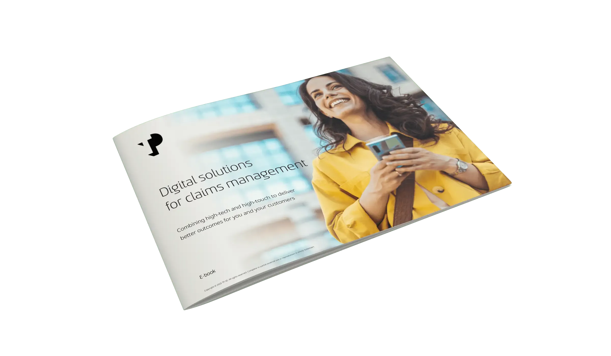 Smiling woman using a smartphone to illustrate B2B digital solutions for claims management.