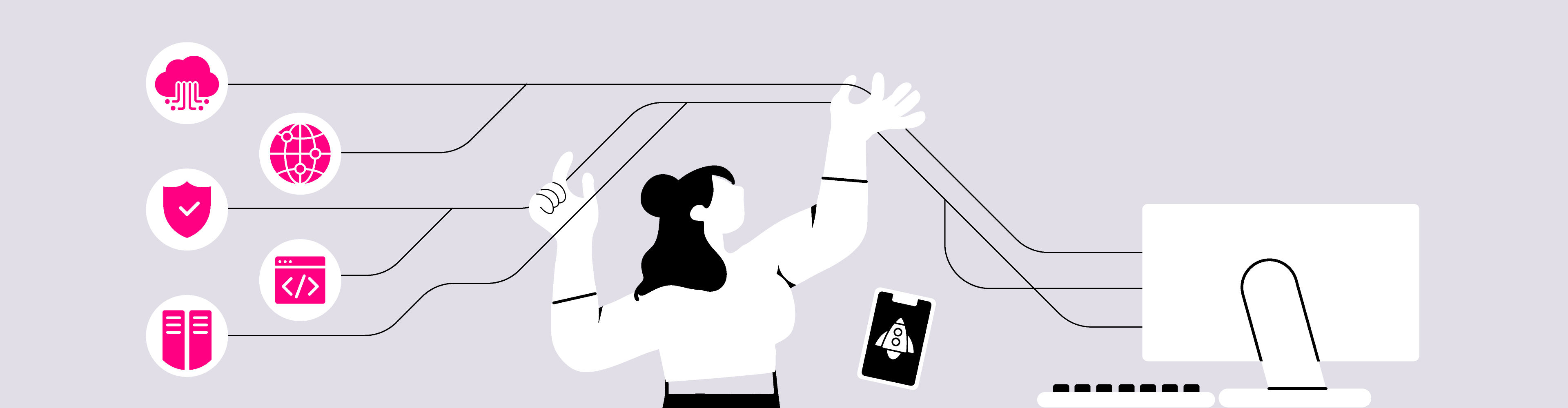 Animated characters holding cables connecting a desktop with tech icons
