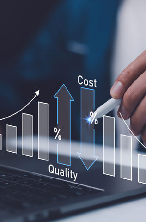 3D chart showing ups and downs of cost versus quality.