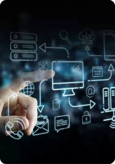 a hand interacts with futuristic, holographic icons including a computer, email, and data symbols on a digital interface in a dark, technology-themed environment.