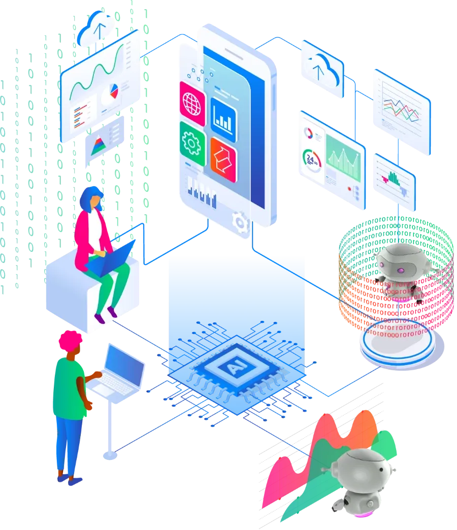  Illustration of two people collaborating with robots, data, and digital platforms to optimize solutions.