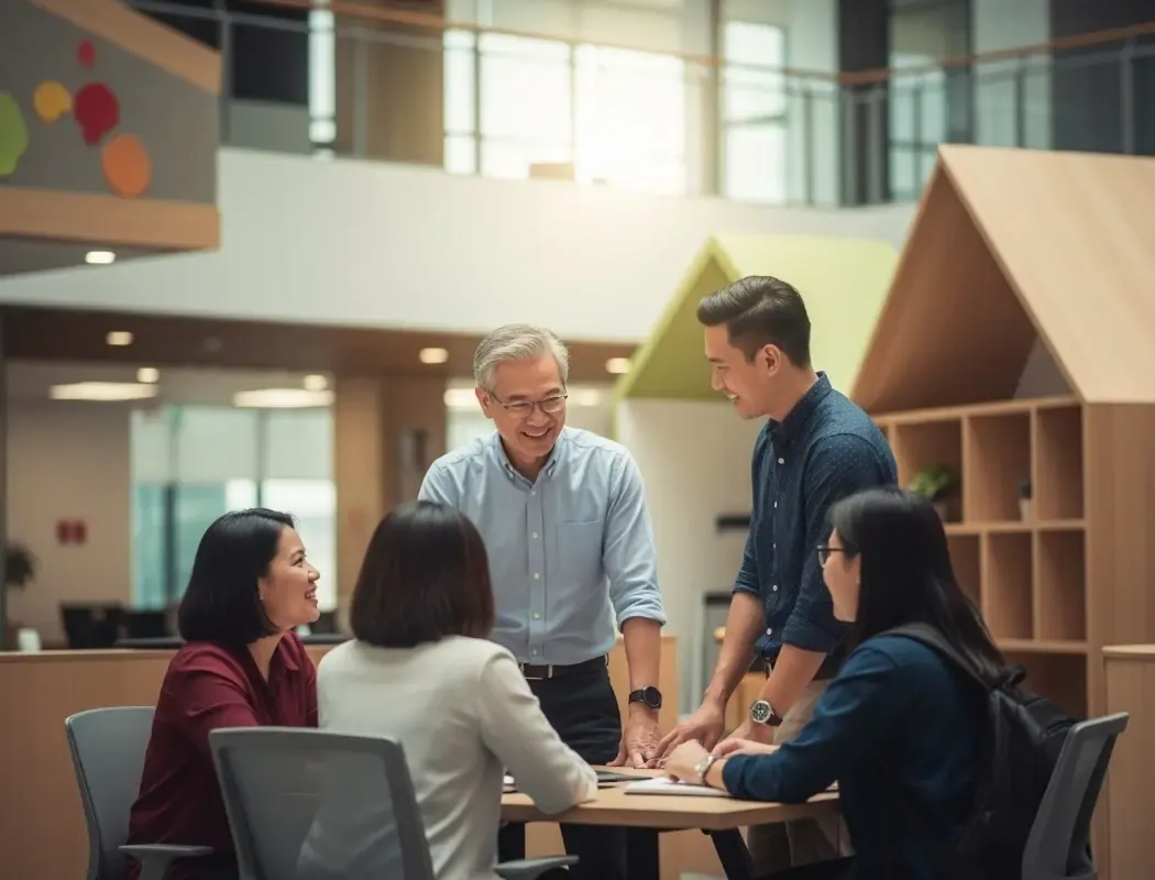 Group of colleagues collaborating and discussing work around a table in an office.