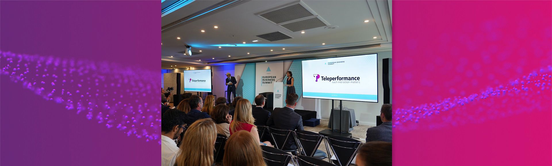 Audience attending a Teleperformance presentation at a business conference.