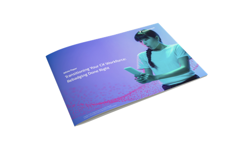 Brochure “Transitioning Your CX Workforce: Rebadging Done Right” with a person holding a smartphone on gradient background.
