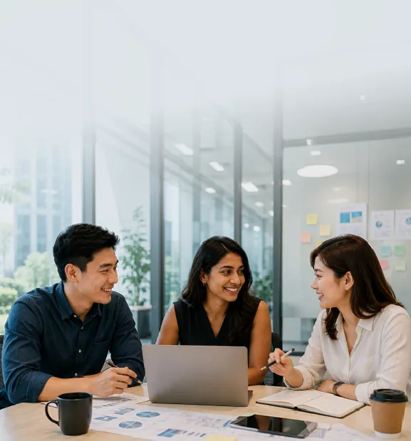 Three diverse colleagues collaborate happily in a bright office meeting
