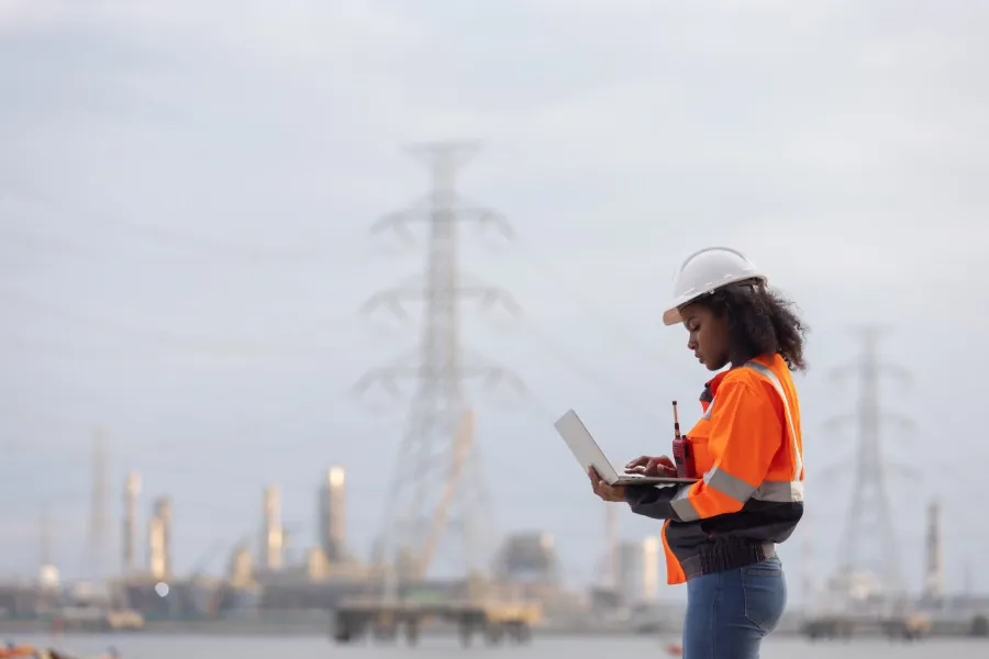 Engineer using a laptop at an industrial energy site with power lines in the background.