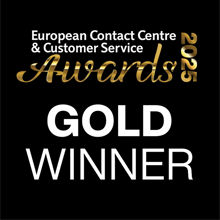 European Contact Centre & Customer Service Awards 2025 gold award badge.