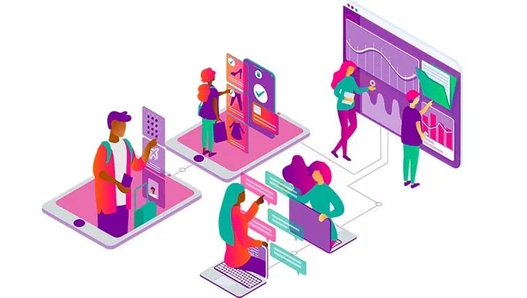Illustration of people using digital devices, data dashboards and chat interfaces to represent online collaboration and analytics
