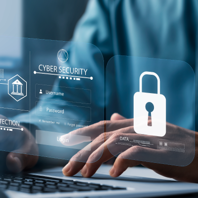 Pessoa digitando em um laptop com elementos visuais de cibersegurança, incluindo login e ícone de cadeado.