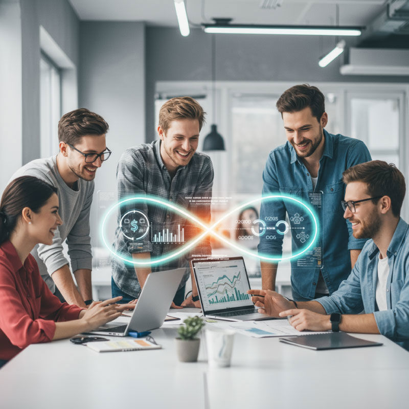 Young professionals in modern office illustrating end-to-end Revenue as a Service solutions.